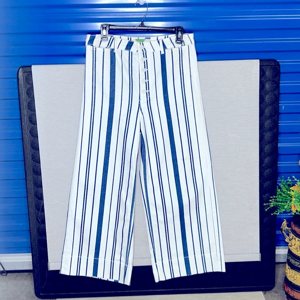 Anthropologie Wide Leg High Rise Blue & White Striped Pants Size 10